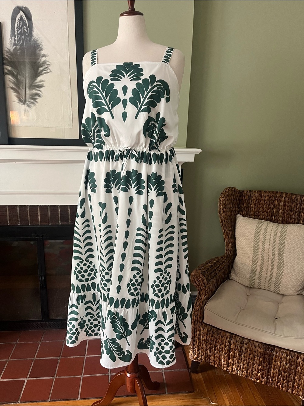 White & Emerald Botanical Print Midi Dress Size 22/24